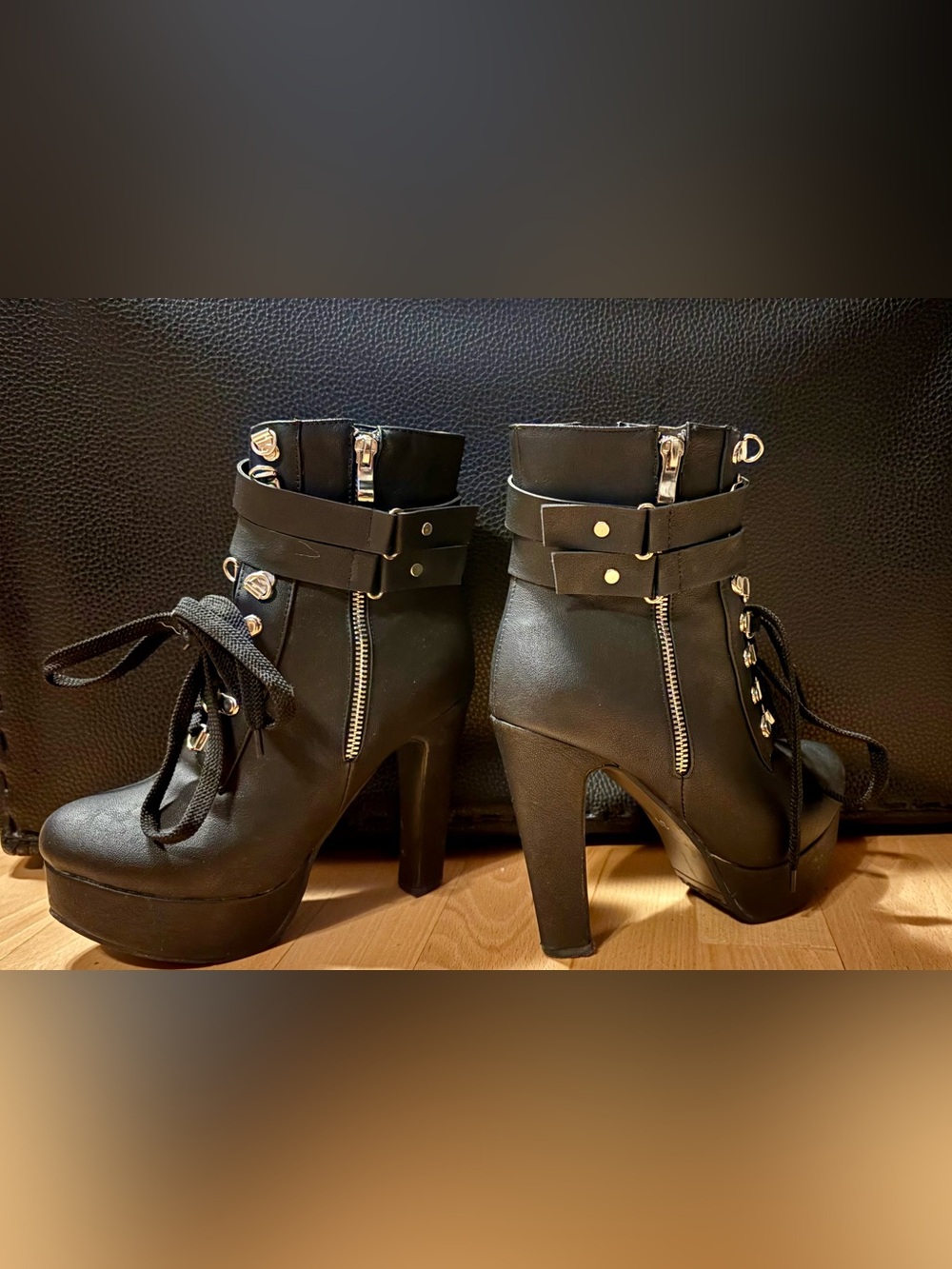 Black High Heel Ankle Boots with Buckle Straps